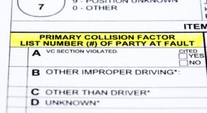 A close up of a police report listing fault